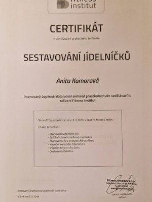 certifikát Sestavování jídelníčků Any Komorová