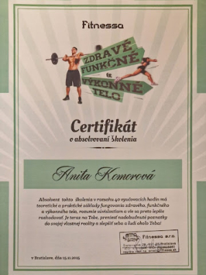 certifikát Fitnessa Any Komorová