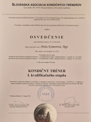 certifikát kondičný tréner Any Komorová