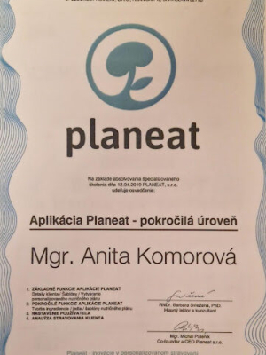 certifikát planeat Any Komorová
